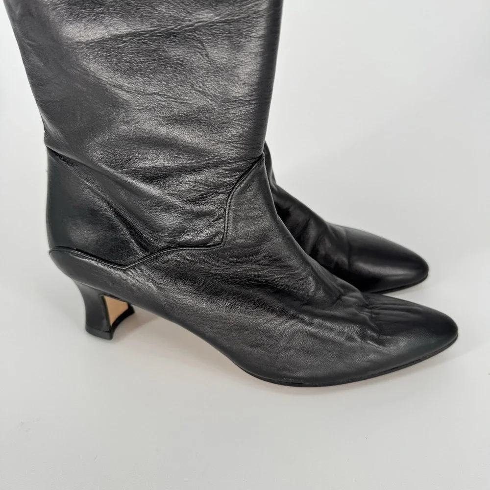Vintage Vera Cruz Black Leather Thigh High Boots 80s Slouchy Kitten Heel Size 6